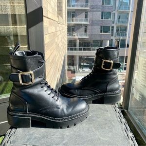 Zara Sz 36 Leather Combat Boot, Black w Gold Buckle, Zip closure